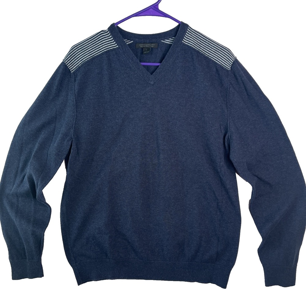 Express Design Studio Stretch Pima Cotton Pullover V-Neck Striped Sweater Preppy